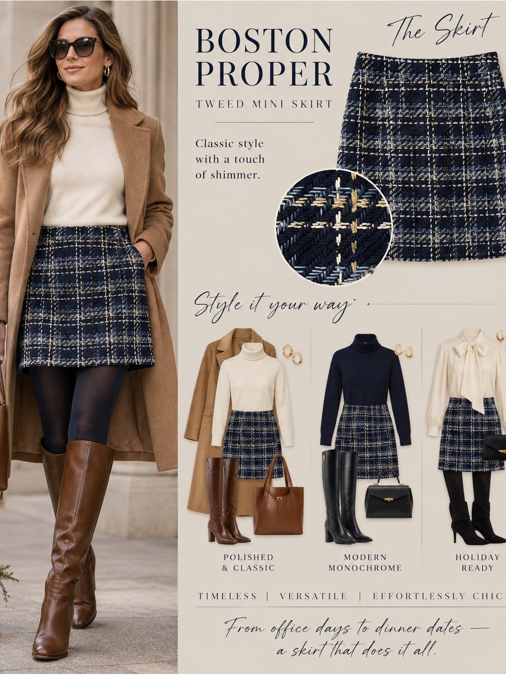 Boston Proper Blue Plaid Tweed Mini Skirt Metallic Gold Size 12
